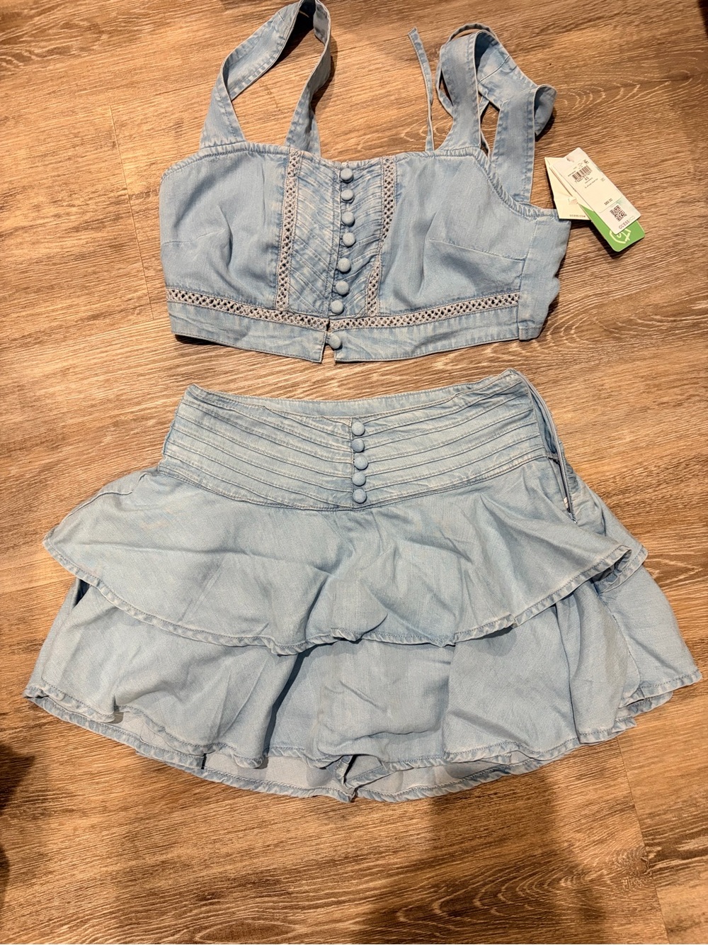Guess Light Wash Denim Two-Piece Crop Top & Ruffle Skirt Set